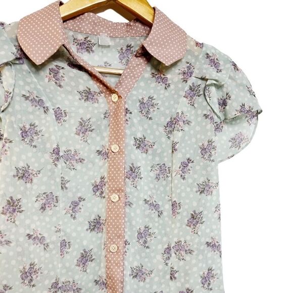 🎄Shabby Chic Floral Polka Dot short Sleeve Collared Blouse Green & Pink Small - Picture 3 of 4